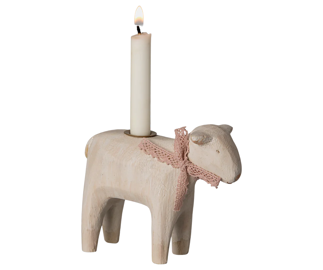 Maileg Holzlamm, Lämmchen, Kerzenhalter, natur, rosa Halstuch