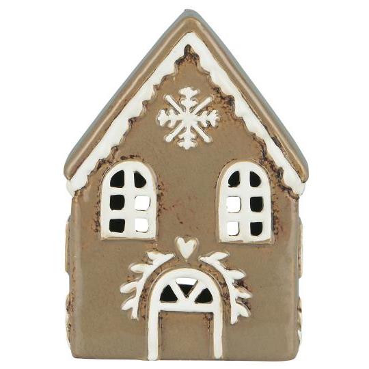 Kerzenhaus braun, Lebkuchenhaus Optik, mit Schneekristall, Keramik, lasiert