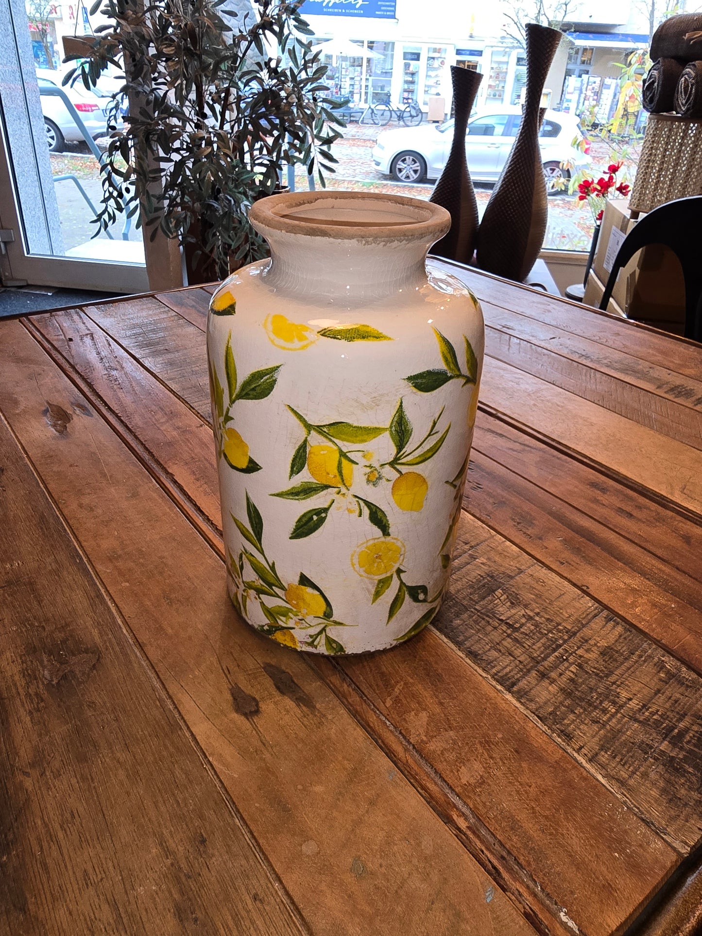 Vase, Zitronen, rund, hoch, weiß-gelb, Blätter