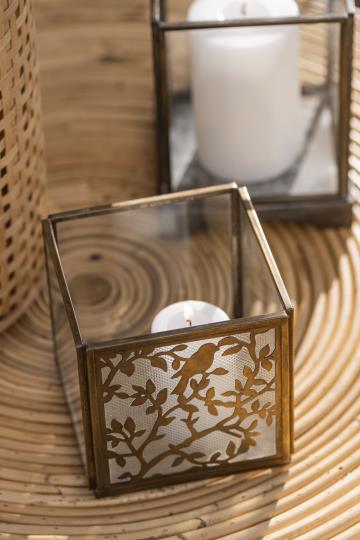 Teelichthalter Hurricane, eckig, Vorderseite Vogelmuster