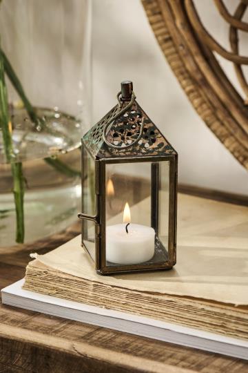 Laterne klein, Blumenmuster oben, grüne Patina, Teelichthalter, mit Haken