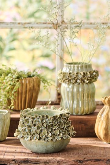 Übertopf Hortensia, staubig grün, glasiert, Pflanztopf