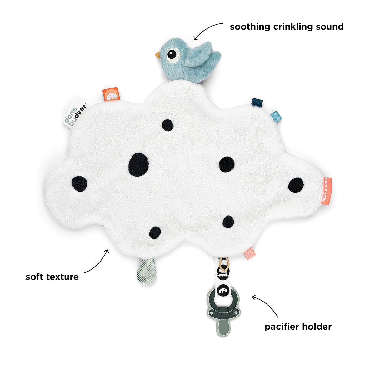 Baby Kuscheltuch, kleine Kuscheldecke mit Schnullerhalter, Happy Clouds