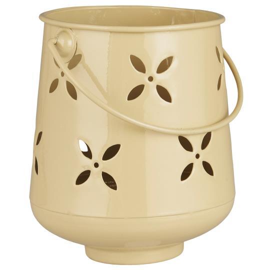 Kerzenhalter, Teelichthalter, kleine Laterne, gelb, gelochtes Muster, mit Henkel