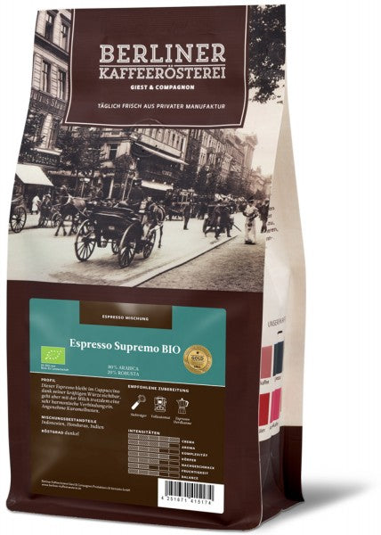 Bio Espresso Supremo Bio aus der Kaffeemanufaktur der Berliner Kaffeerösterei - 250g ganze Bohne