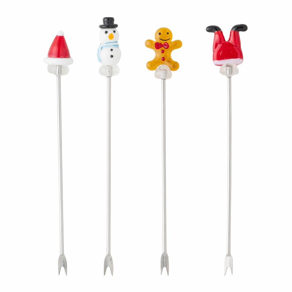 Cocktailgabeln Feliz, 4er Set, 4 Glasmotive, Schneemann, Lebkuchenmann, Weihnachtsmann