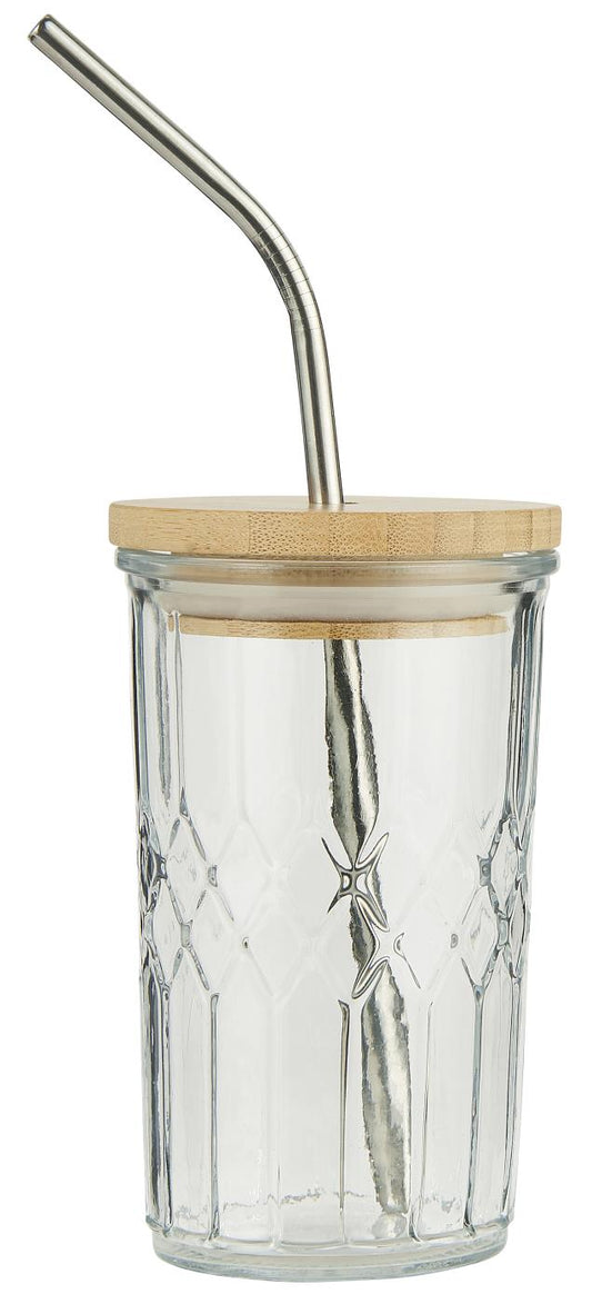 Glas mit Holzdeckel und Strohhalm