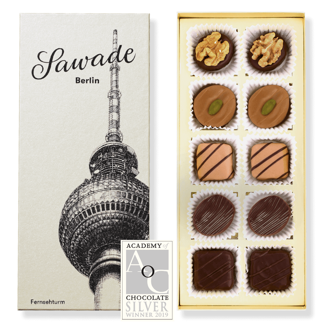 Pralinenschachtel "Fernsehturm" von Sawade - 10 alkoholfreie Pralinen in Geschenkkartonage