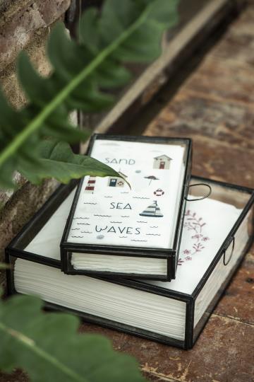 Vintage Glas Box, Serviettenbox, Schachtel aus Glas und Metall, schwarz, quadratisch, groß