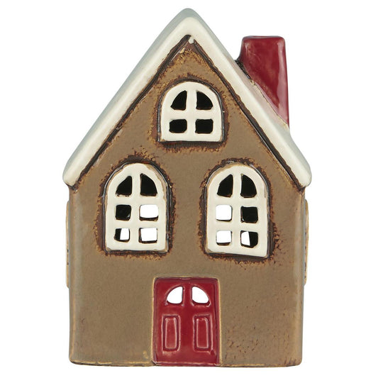 Kerzenhaus braun-rot, mit roter Tür, lasiert, Teelichthalter