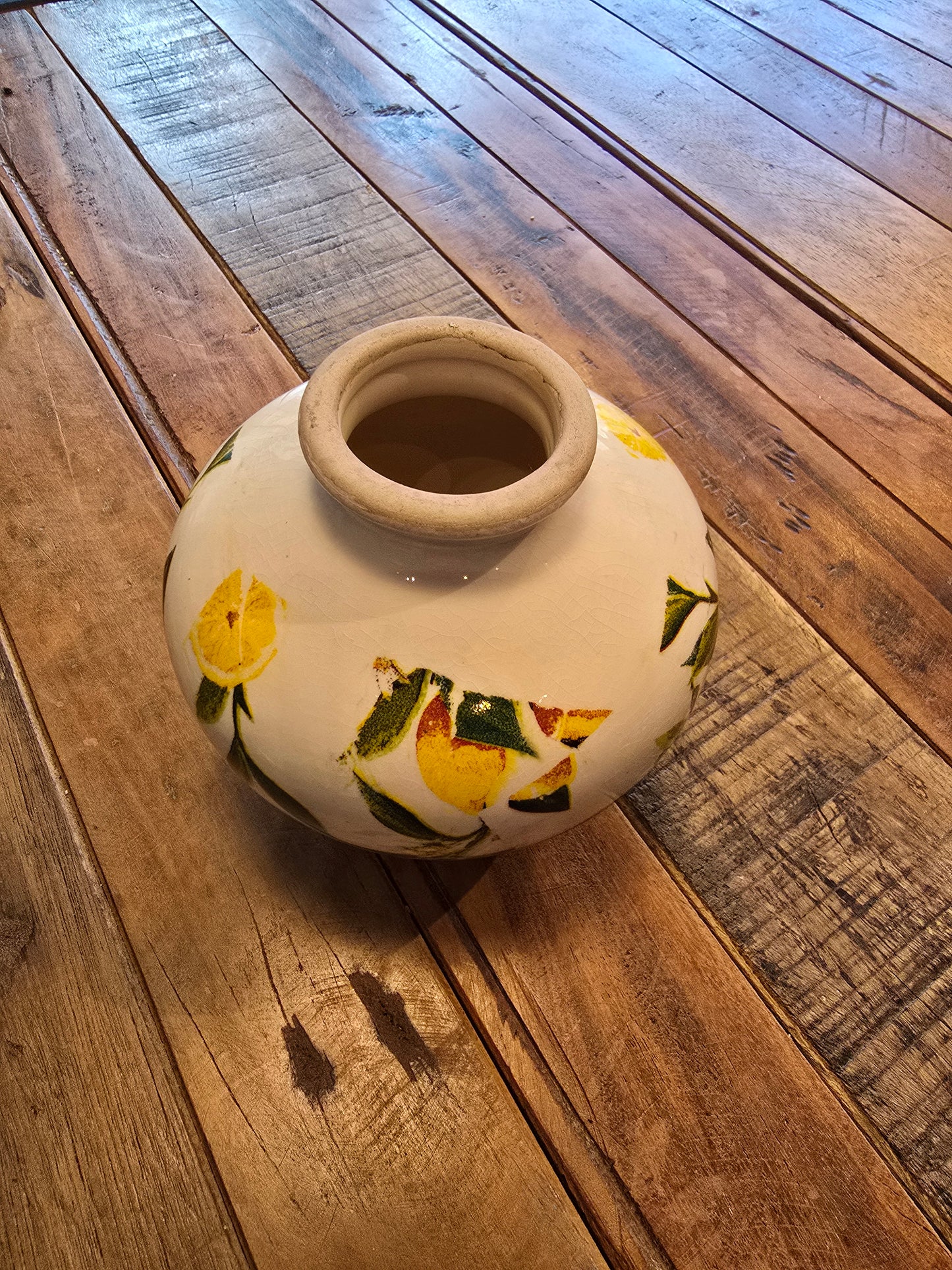 Vase, Zitronen, rund, klein, weiß-gelb, Blätter