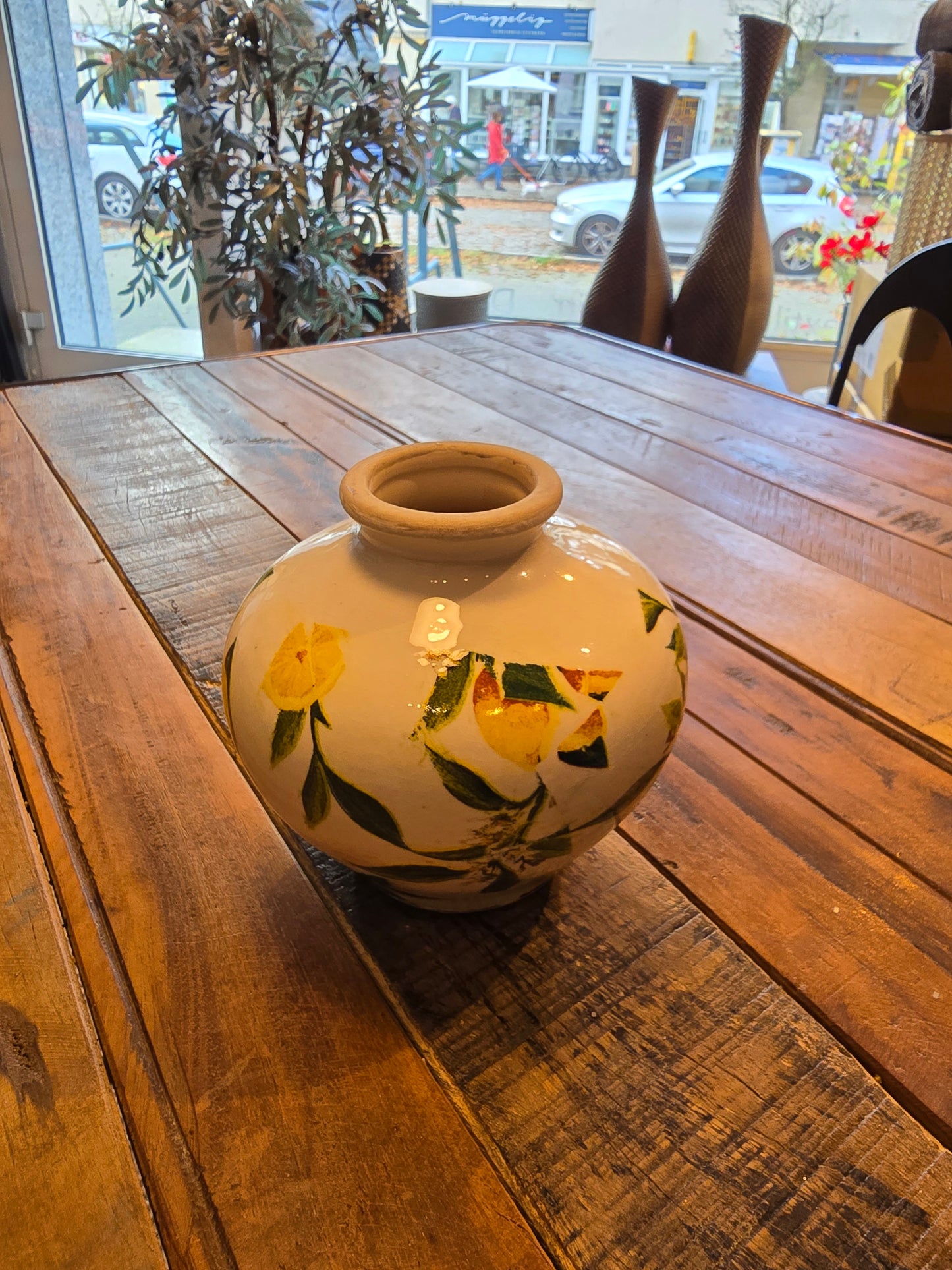 Vase, Zitronen, rund, klein, weiß-gelb, Blätter