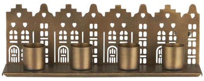 Kerzenhalter für Stabkerzen, Metall, Hausfassaden, lang, gold