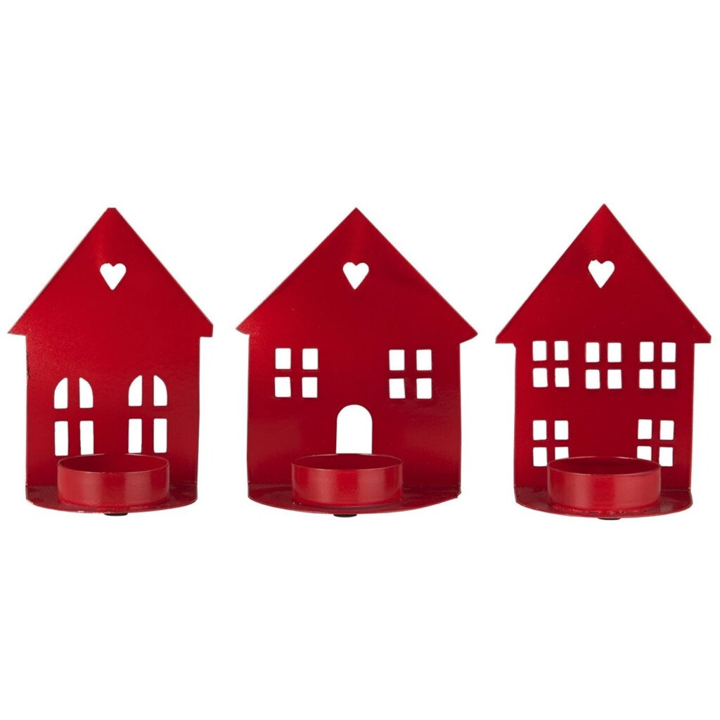 Teelichter Hausfassade, 3er Set, Herzen, rot