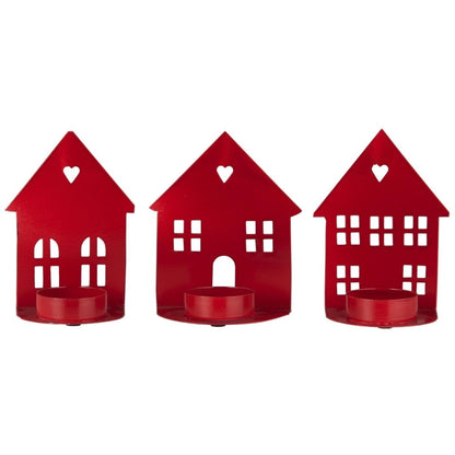 Teelichter Hausfassade, 3er Set, Herzen, rot