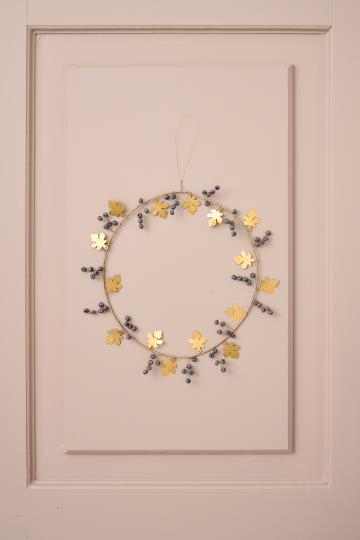 Metallkranz Gloria, mit Messingblättern, dunkelgraue Holzperlen