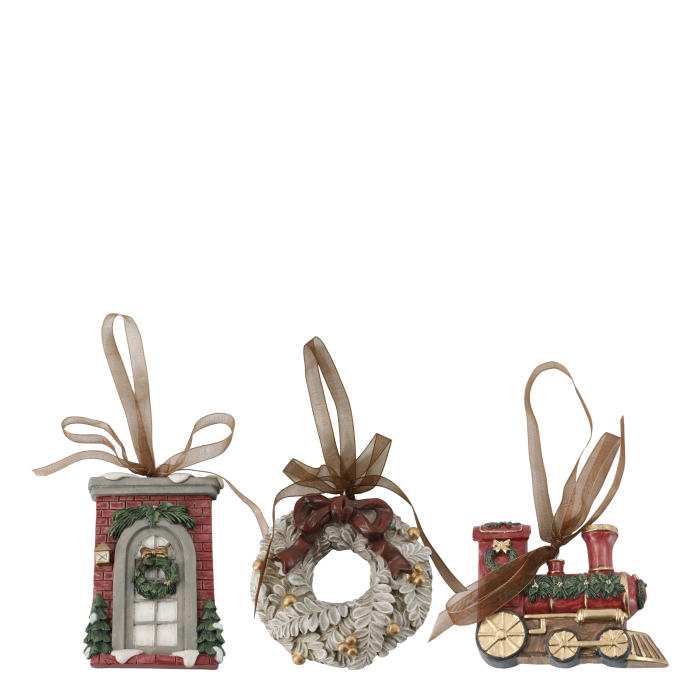 Anhänger Noël, 3er Set, Lok, Türkranz und dekorierte Haustür