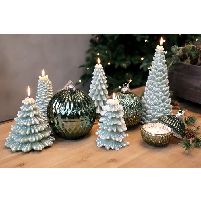 Kerze, in Glas-Weihnachtskugel mit Muster, H14,5/D13m moosgrün  von Chic Antique