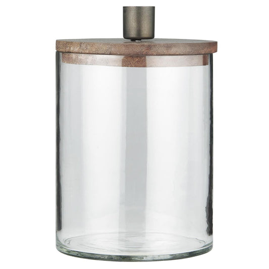 Glasbehälter für Stabkerzen mit Holzdeckel, auf dem ein Kerzenhalter für Kerzen mit einer Dicke von 2,2cm angebracht ist.
