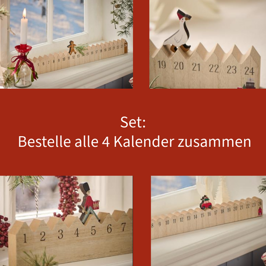 4er Set - Holzkalender 1-24, Adventskalender: stehender Gardist, Lebkuchenmann, Gans und Weihnachtsauto