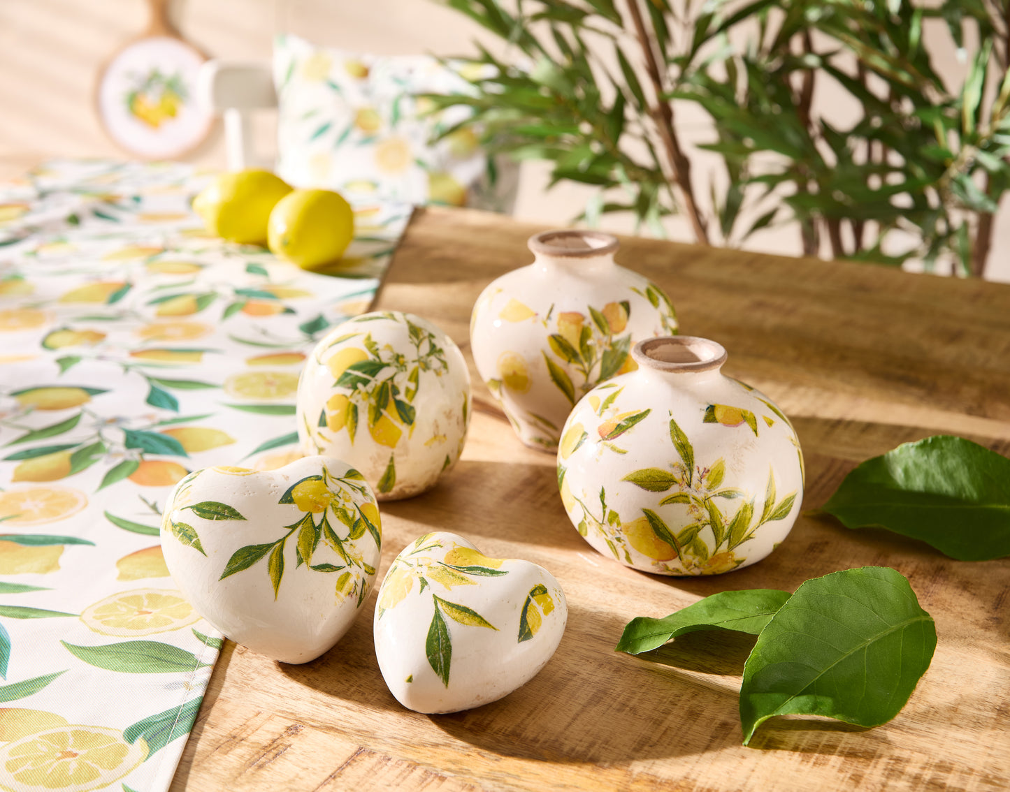 Vase, Zitronen, rund, klein, weiß-gelb, Blätter