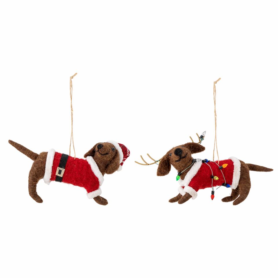 Hundeduo, Ornament Monty, 2 braune Hunde, Weihnachtsoutfit