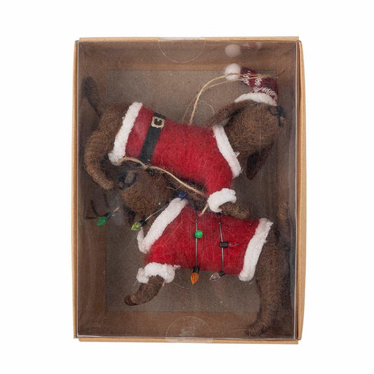 Hundeduo, Ornament Monty, 2 braune Hunde, Weihnachtsoutfit
