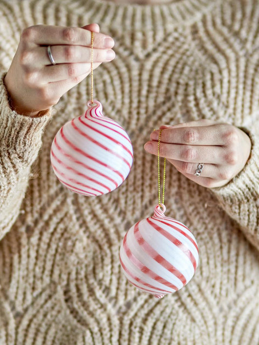 2er Set, Weihnachtskugeln, Ornament Zwirl, rot-weiß, Glas