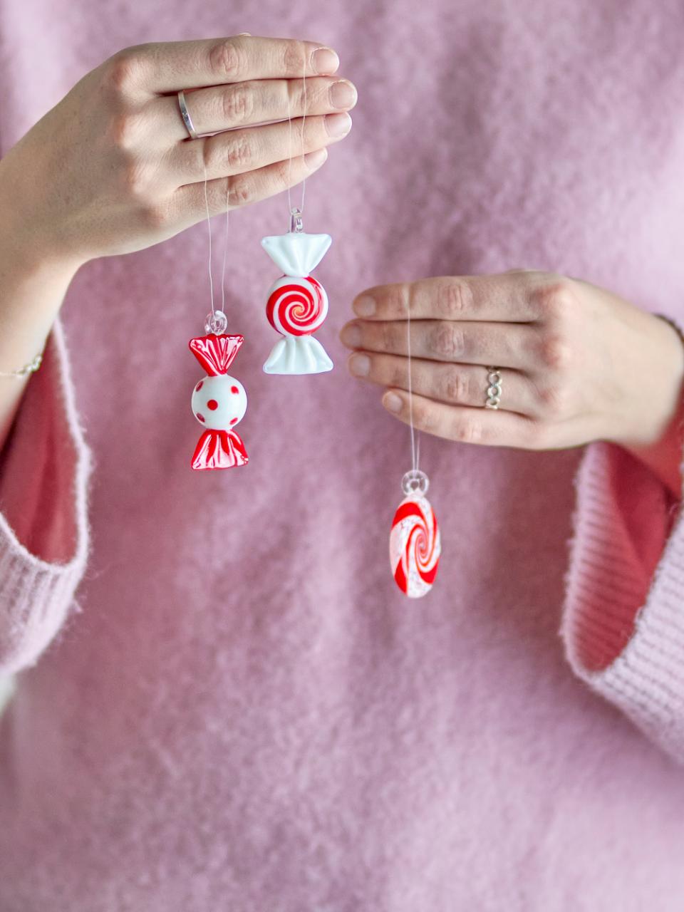 3er Set, Ornament Festive, Bonbons, Glas, rot-weiß
