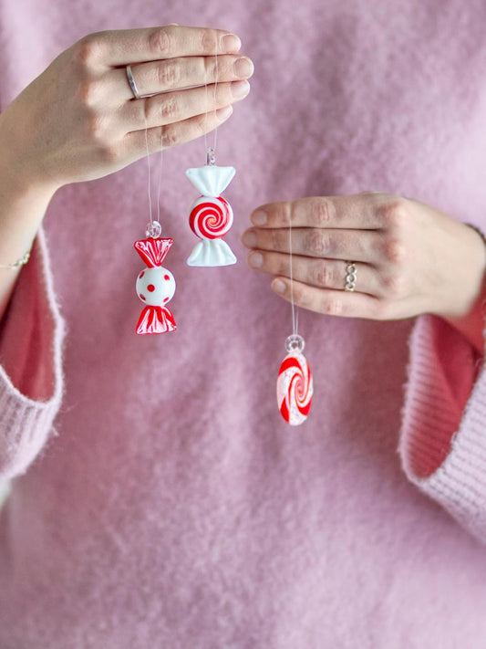 3er Set, Ornament Festive, Bonbons, Glas, rot-weiß