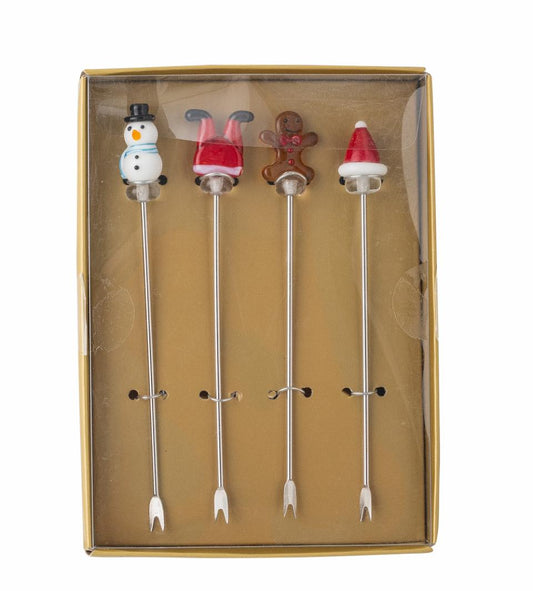 Cocktailgabeln Feliz, 4er Set, 4 Glasmotive, Schneemann, Lebkuchenmann, Weihnachtsmann