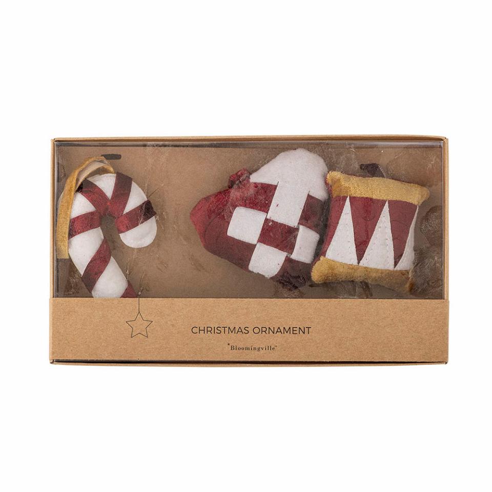 3er Set, Ornament Velua, 3 Stoffanhänger, rot-weiß, Zuckerstange, Herz, Trommel