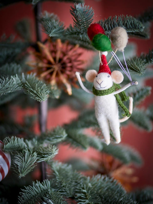 Filzmaus, Ornament Peo, weiße Maus, 3 Luftballons