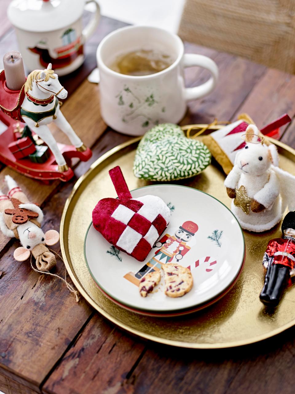 3er Set, Ornament Velua, 3 Stoffanhänger, rot-weiß, Zuckerstange, Herz, Trommel