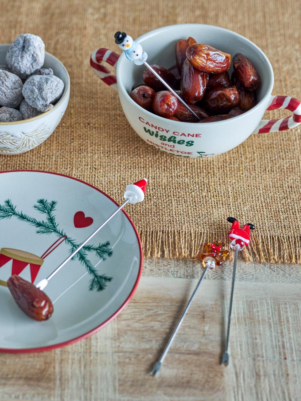 Cocktailgabeln Feliz, 4er Set, 4 Glasmotive, Schneemann, Lebkuchenmann, Weihnachtsmann