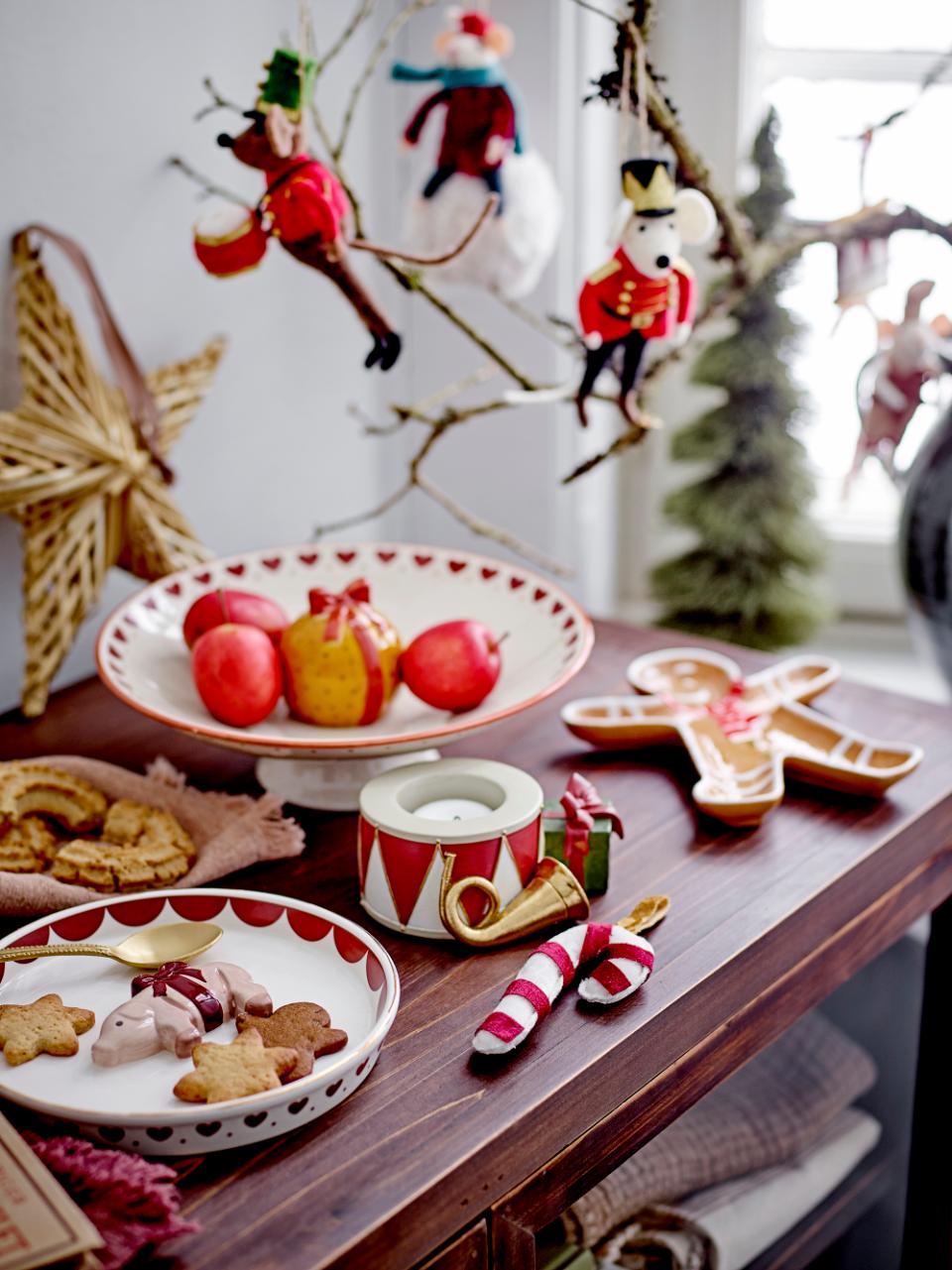 3er Set, Ornament Velua, 3 Stoffanhänger, rot-weiß, Zuckerstange, Herz, Trommel