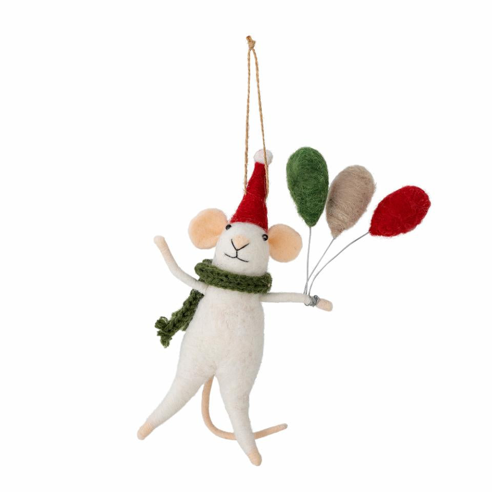 Filzmaus, Ornament Peo, weiße Maus, 3 Luftballons