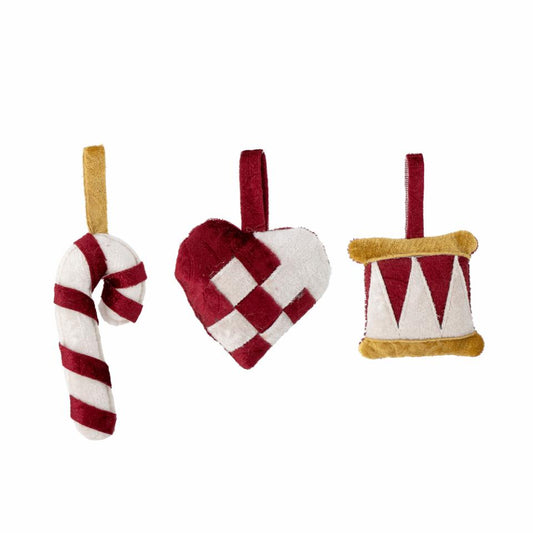 3er Set, Ornament Velua, 3 Stoffanhänger, rot-weiß, Zuckerstange, Herz, Trommel