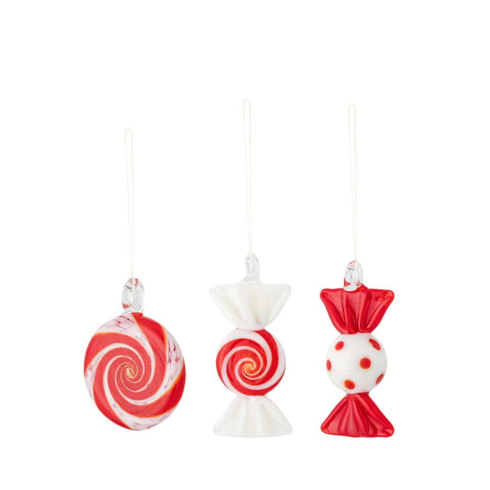 3er Set, Ornament Festive, Bonbons, Glas, rot-weiß