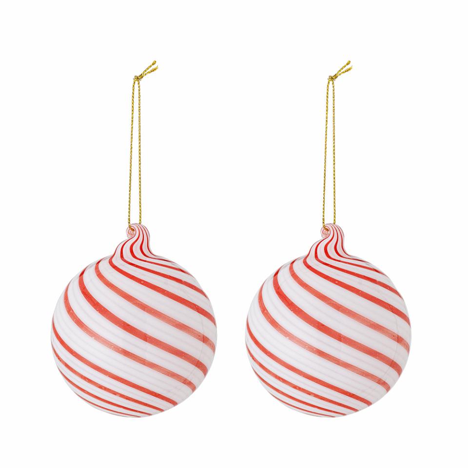 2er Set, Weihnachtskugeln, Ornament Zwirl, rot-weiß, Glas