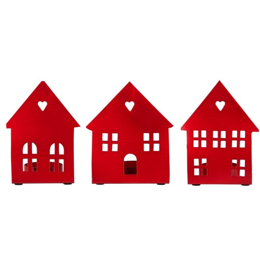 Teelichter Hausfassade, 3er Set, Herzen, rot