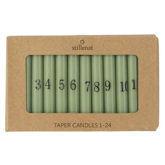 Adventskalenderkerzen, Kerzen Set 1-24, grün mit schwarzen Zahlen, 1,3cm dick