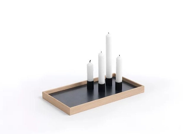 Kerzentablett De Luxe, magnetische Kerzenhalter, helle Eiche, Halter schwarz